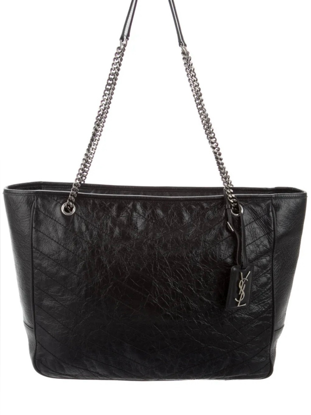 Saint Laurent Black Crinkled Leather Tote with Chain Straps